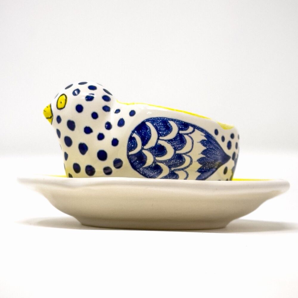 Quimper HB Henriot Bird Dish Blue White Yellow French Pottery Signed - Picture 3 of 8
